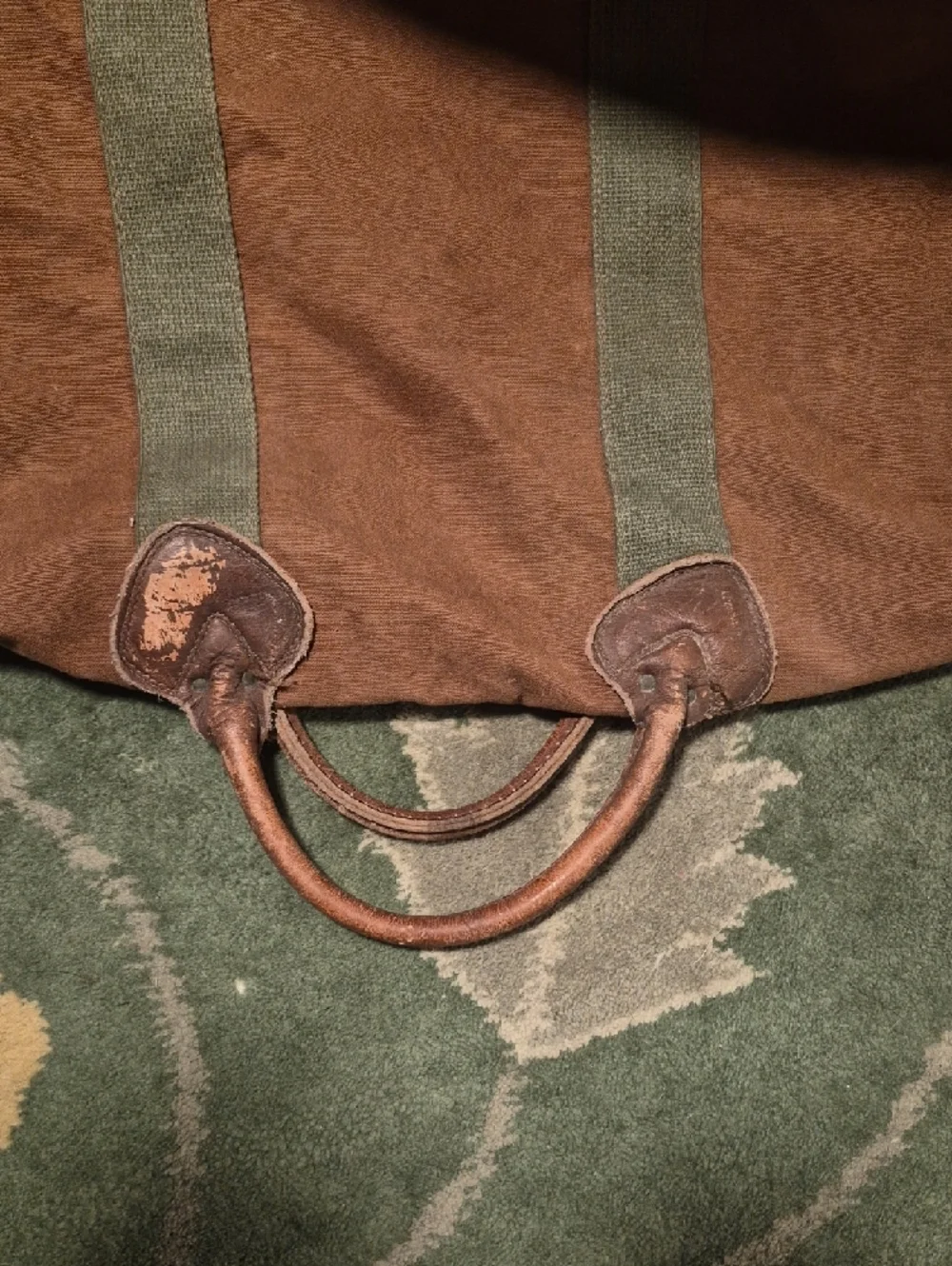 L.L. Bean Brown Canvas Duffel with Green Straps
